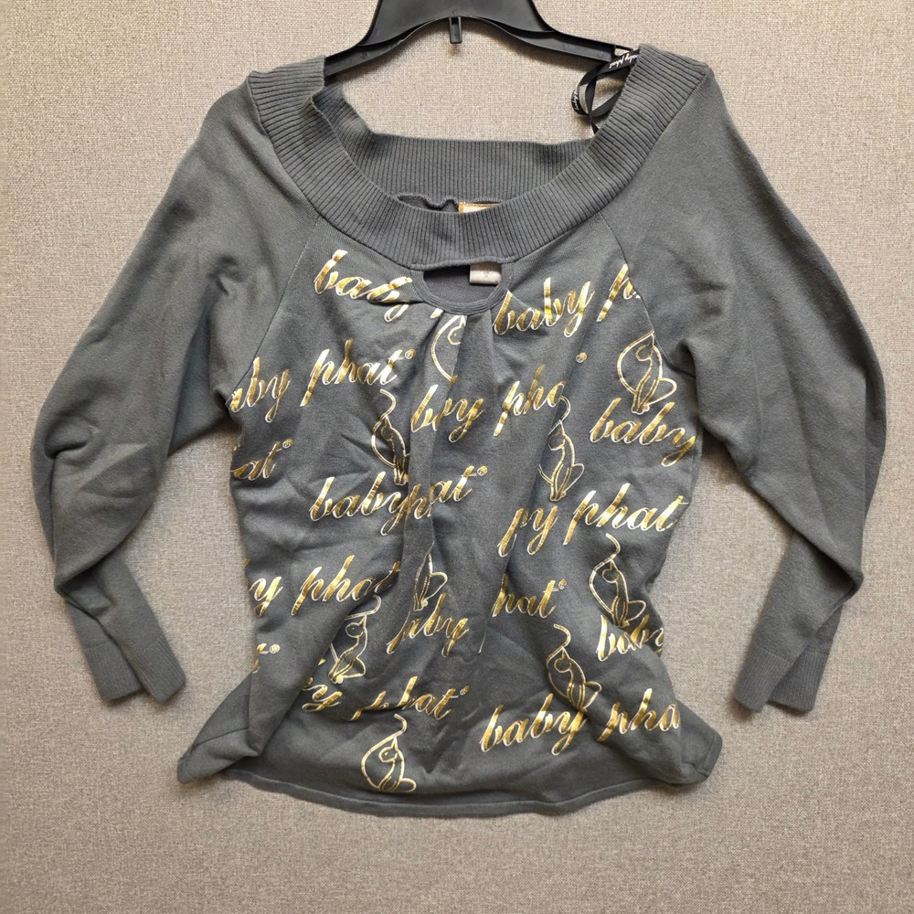 Baby Phat Grey Gold Metallic Foil Logo Keyhole Knit Top Long Sleeve 3X Y2K